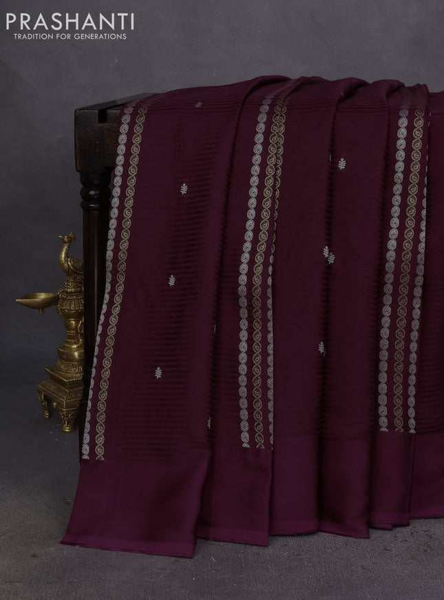 Banarasi mushru silk saree wine shade with allover stripes pattern & zari weaves and satin border