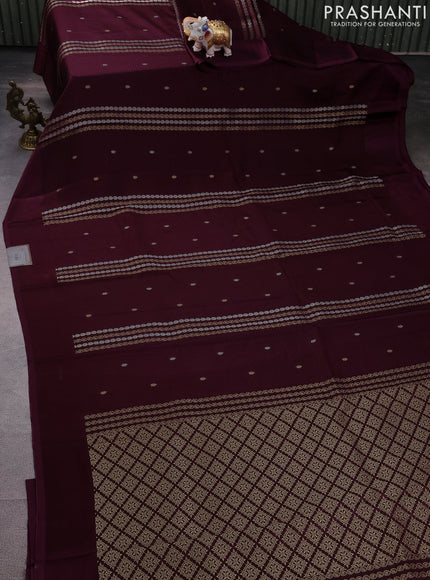 Banarasi mushru silk saree wine shade with allover stripes pattern & zari weaves and satin border