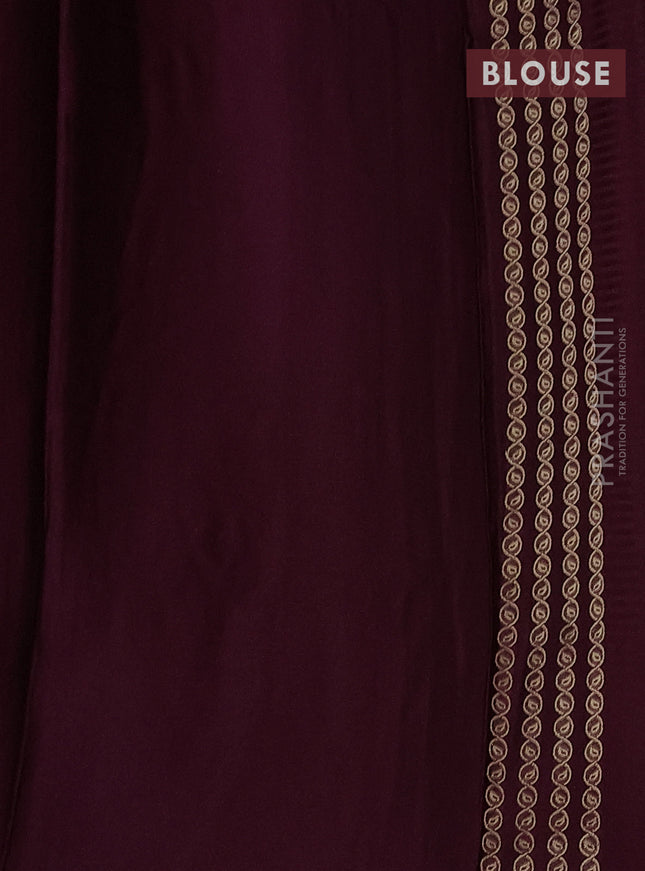 Banarasi mushru silk saree wine shade with allover stripes pattern & zari weaves and satin border