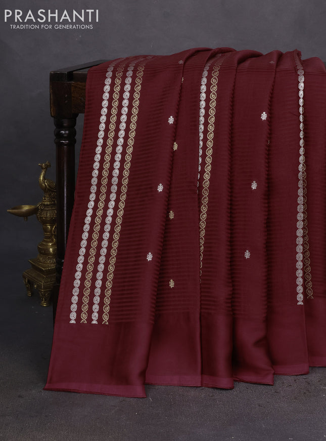 Banarasi mushru silk saree maroon with allover stripes pattern & zari weaves and satin border