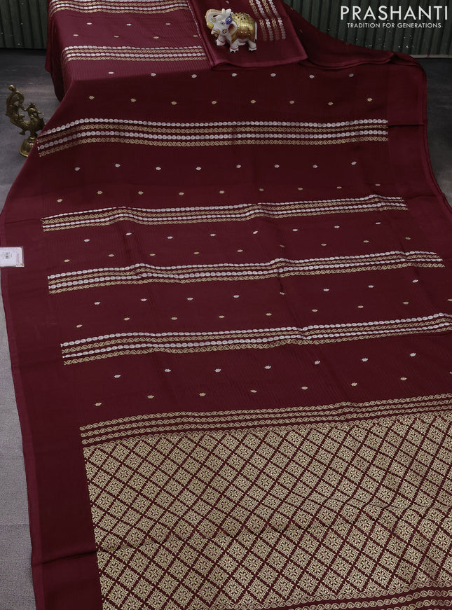 Banarasi mushru silk saree maroon with allover stripes pattern & zari weaves and satin border