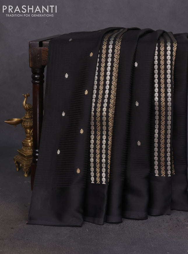 Banarasi mushru silk saree black with allover stripes pattern & zari weaves and satin border