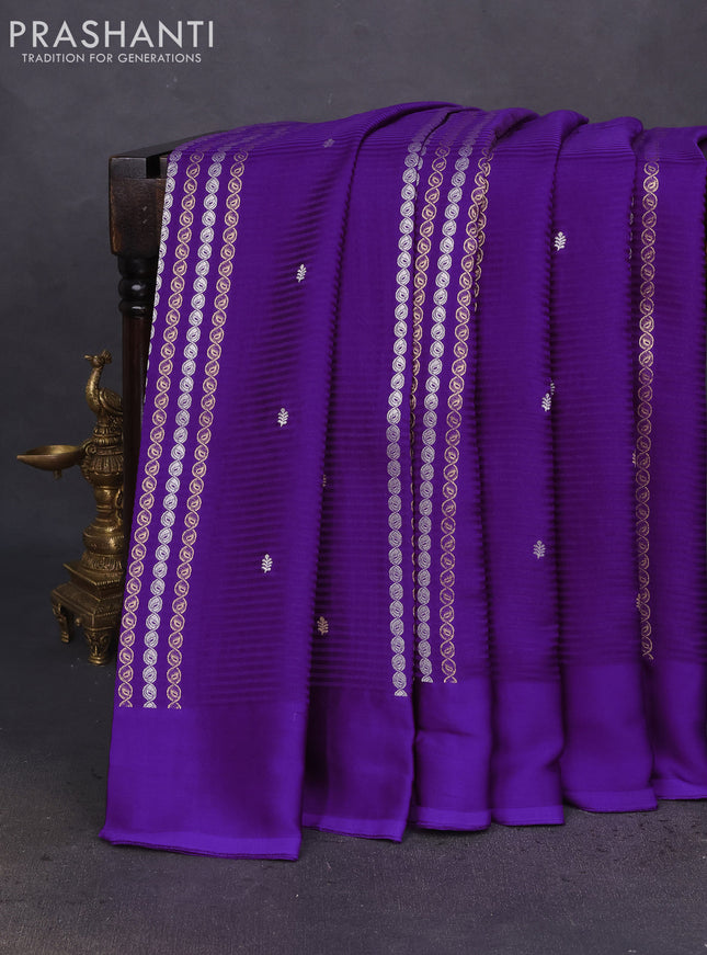 Banarasi mushru silk saree violet with allover stripes pattern & zari weaves and satin border