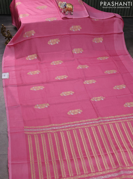 Banarasi mushru silk saree pink with allover stripes pattern & zari weaves and satin border