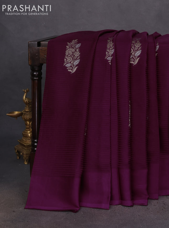 Banarasi mushru silk saree wine shade with allover stripes pattern & zari weaves and satin border