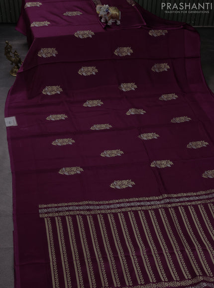 Banarasi mushru silk saree wine shade with allover stripes pattern & zari weaves and satin border