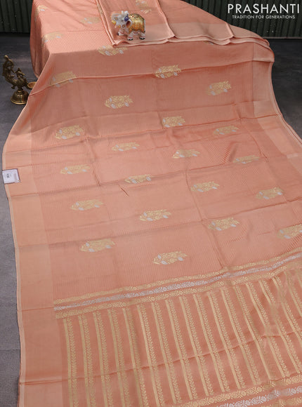 Banarasi mushru silk saree sandal with allover stripes pattern & zari weaves and satin border
