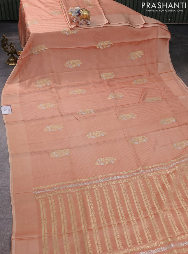 Banarasi mushru silk saree sandal with allover stripes pattern & zari weaves and satin border