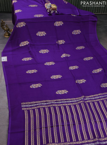 Banarasi mushru silk saree violet with allover stripes pattern & zari weaves and satin border