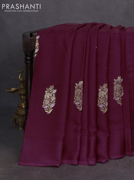 Banarasi mushru silk saree maroon with allover stripes pattern & zari weaves and satin border