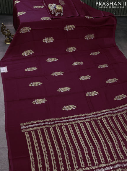 Banarasi mushru silk saree maroon with allover stripes pattern & zari weaves and satin border