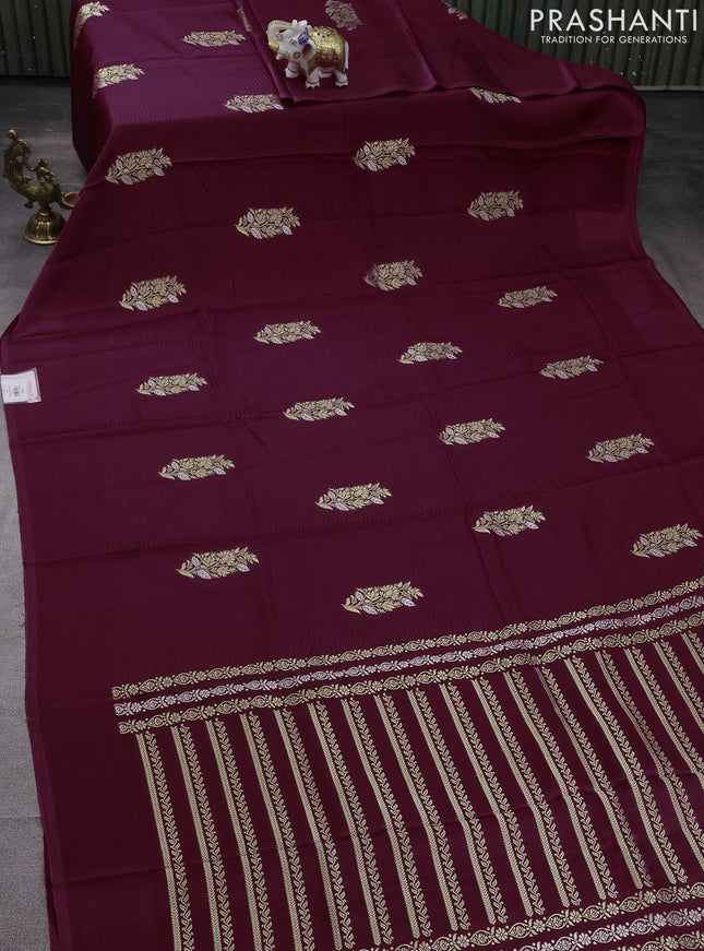 Banarasi mushru silk saree maroon with allover stripes pattern & zari weaves and satin border