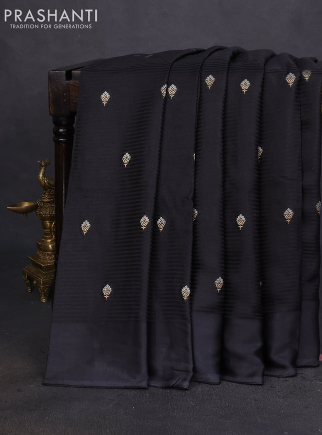 Banarasi mushru silk saree black with allover stripes pattern & zari weaves and satin border