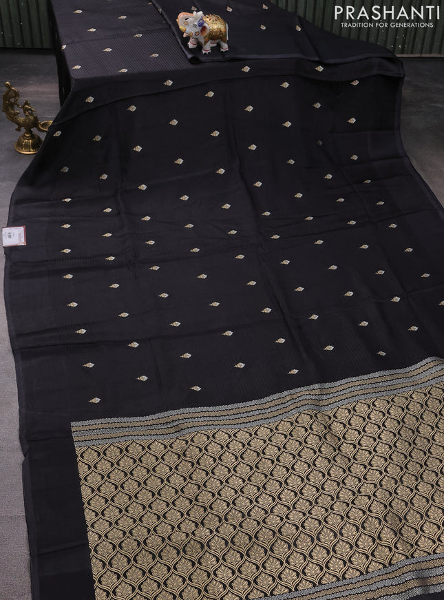 Banarasi mushru silk saree black with allover stripes pattern & zari weaves and satin border