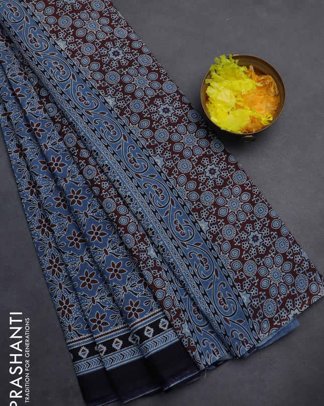 Jaipur cotton saree indigo blue and black with allover prints and printed border