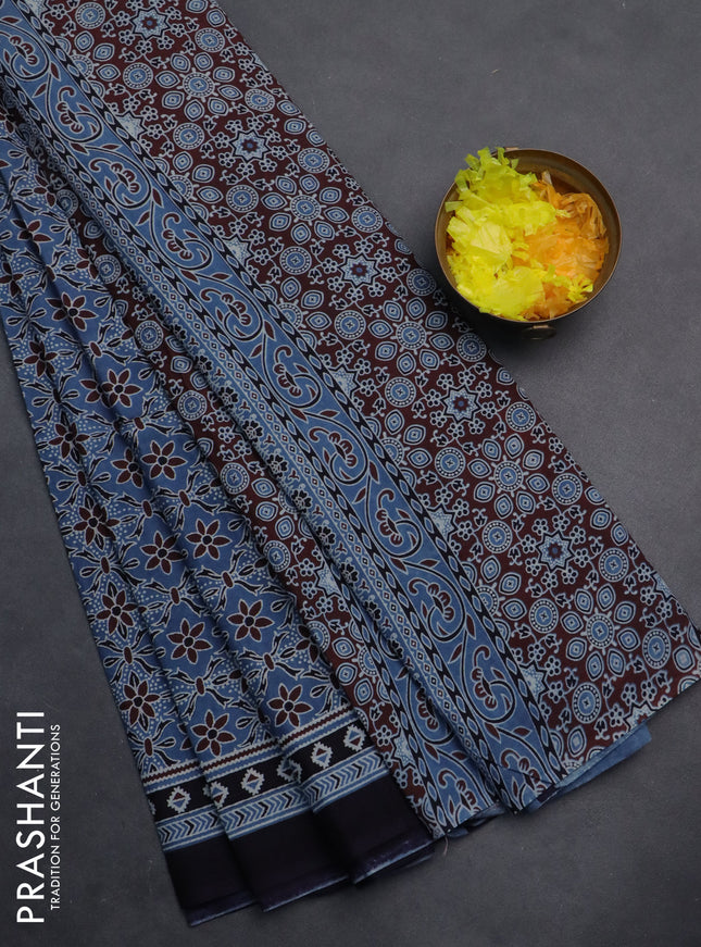 Jaipur cotton saree indigo blue and black with allover prints and printed border