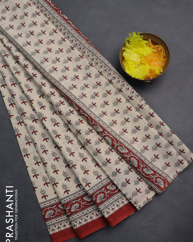 Jaipur cotton saree beige black and rustic maroon with allover butta prints and printed border