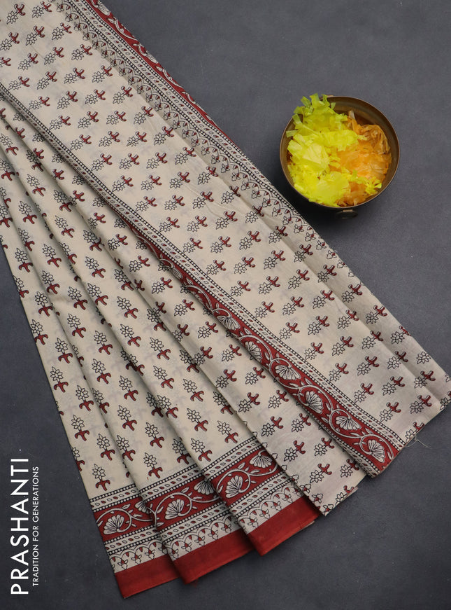 Jaipur cotton saree beige black and rustic maroon with allover butta prints and printed border