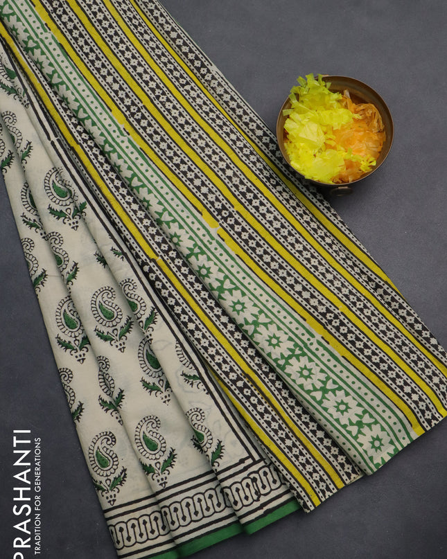 Jaipur cotton saree beige black and green with allover paisley butta prints and printed border