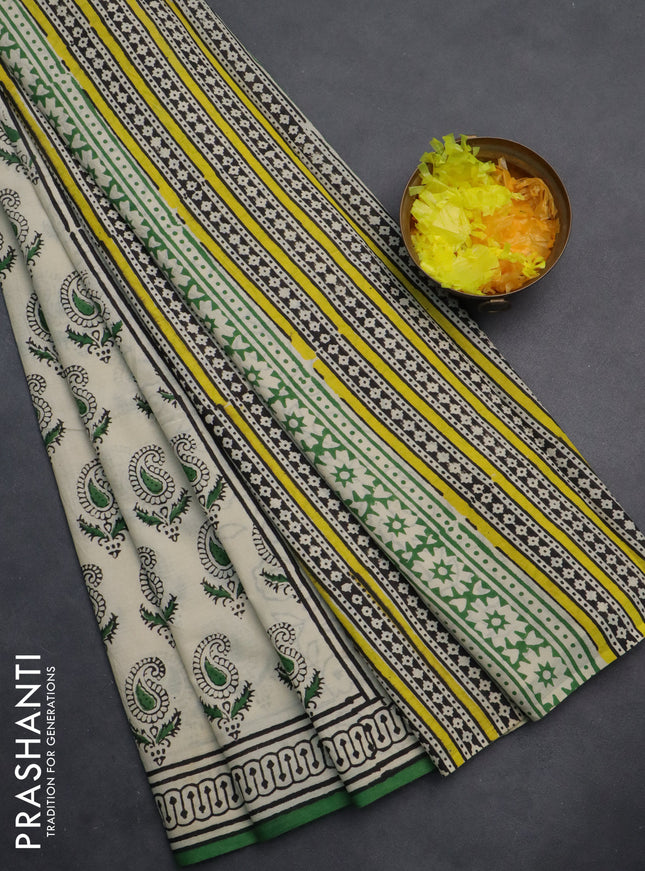 Jaipur cotton saree beige black and green with allover paisley butta prints and printed border