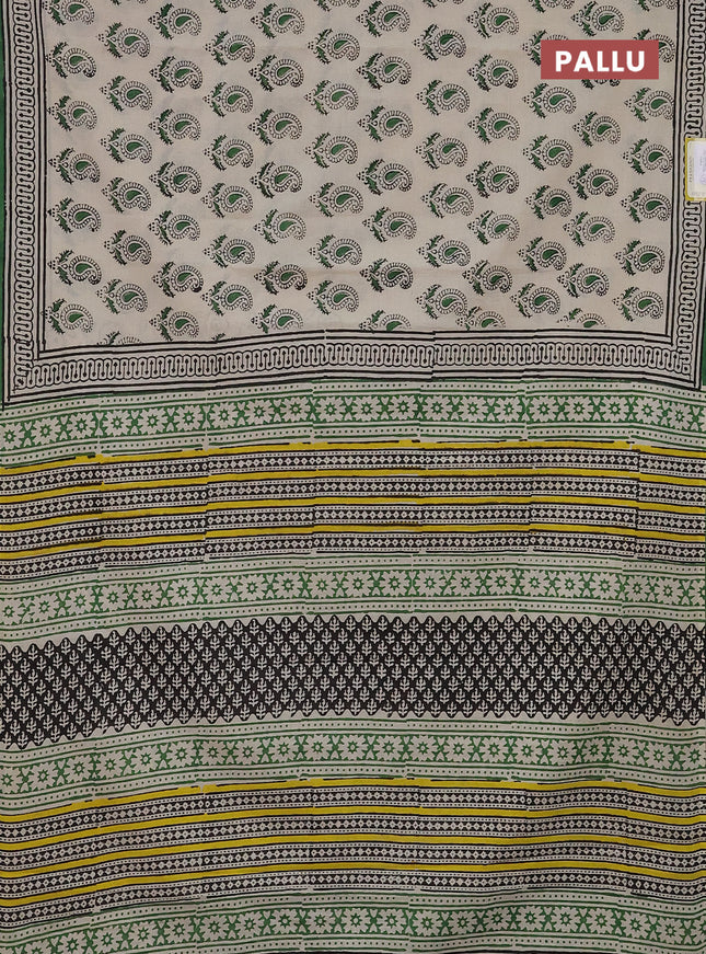 Jaipur cotton saree beige black and green with allover paisley butta prints and printed border