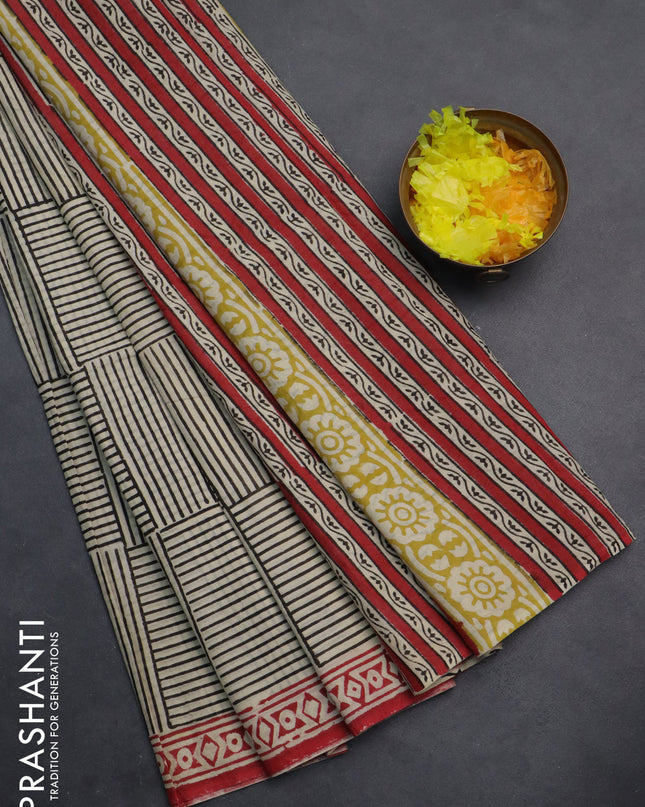 Jaipur cotton saree beige black and red with allover prints and printed border