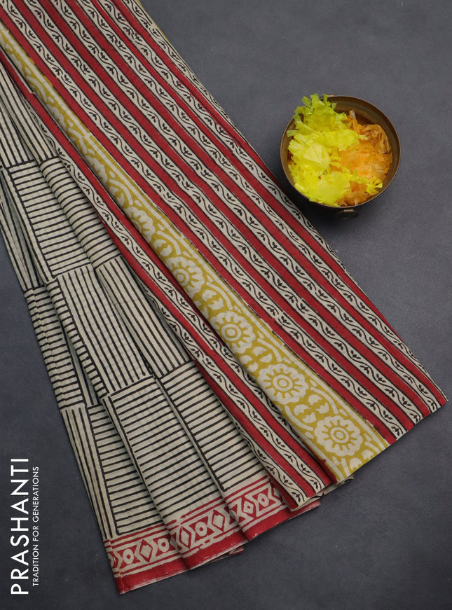 Jaipur cotton saree beige black and red with allover prints and printed border