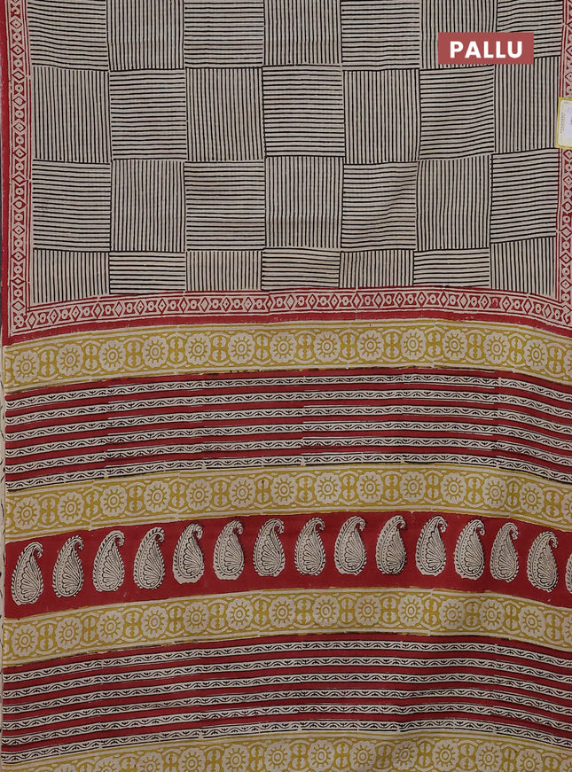 Jaipur cotton saree beige black and red with allover prints and printed border