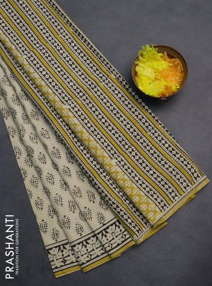 Jaipur cotton saree beige and black lime yellow with allover butta prints and printed border