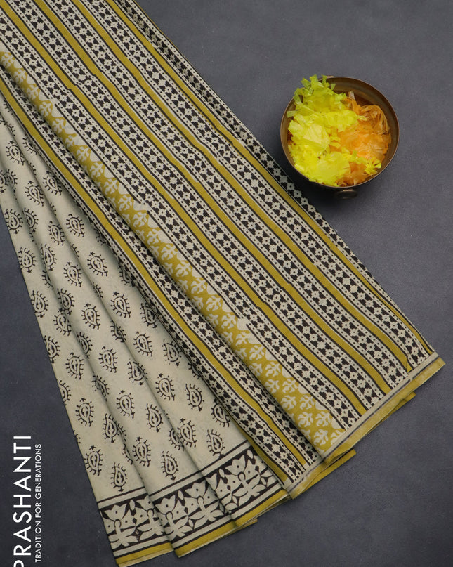 Jaipur cotton saree beige and black lime yellow with allover butta prints and printed border
