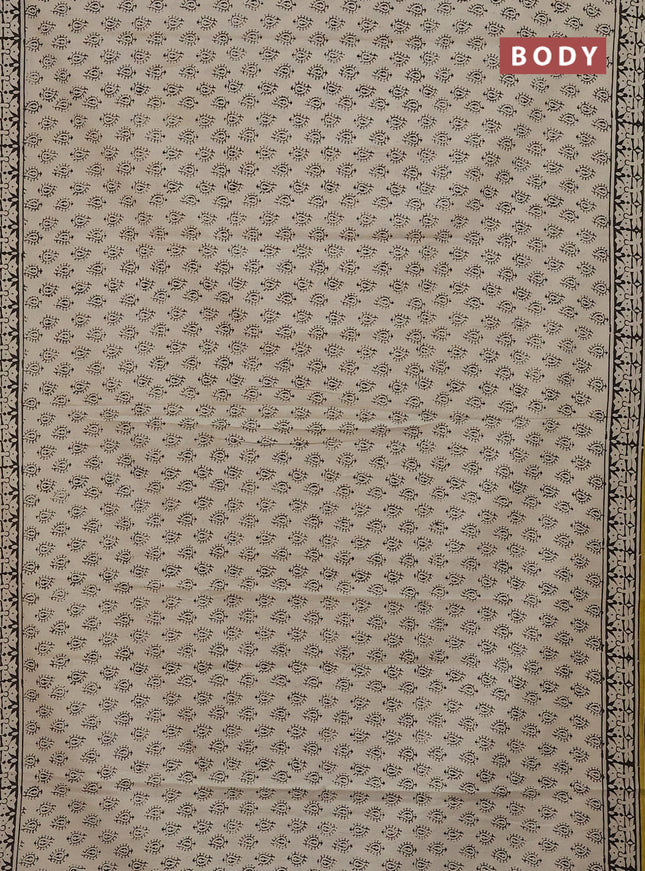 Jaipur cotton saree beige and black lime yellow with allover butta prints and printed border