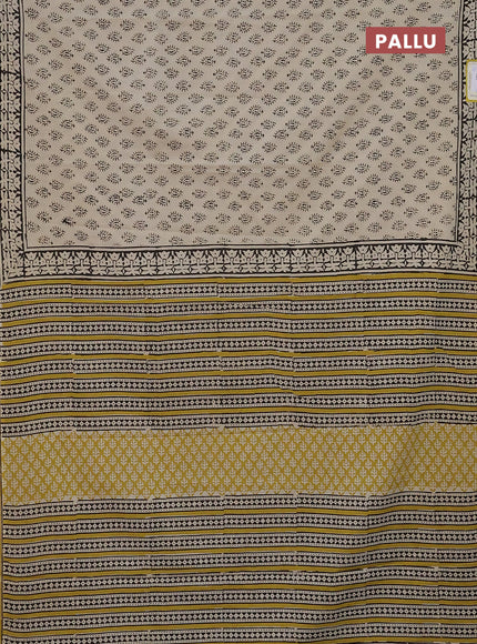 Jaipur cotton saree beige and black lime yellow with allover butta prints and printed border