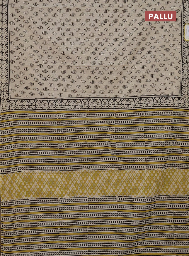 Jaipur cotton saree beige and black lime yellow with allover butta prints and printed border