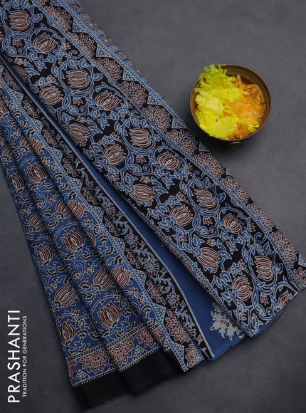 Jaipur cotton saree indigo blue and black with allover kalamkari prints and printed border