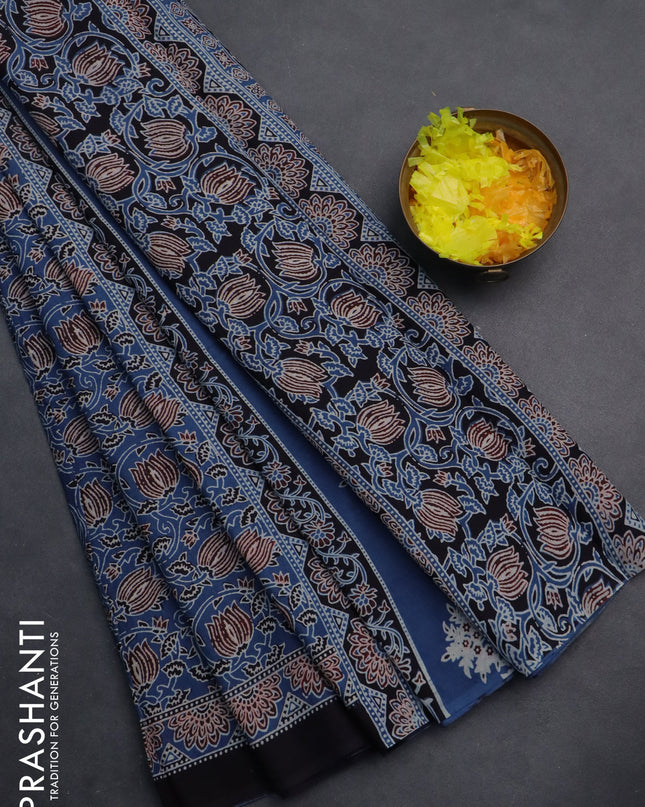 Jaipur cotton saree indigo blue and black with allover kalamkari prints and printed border