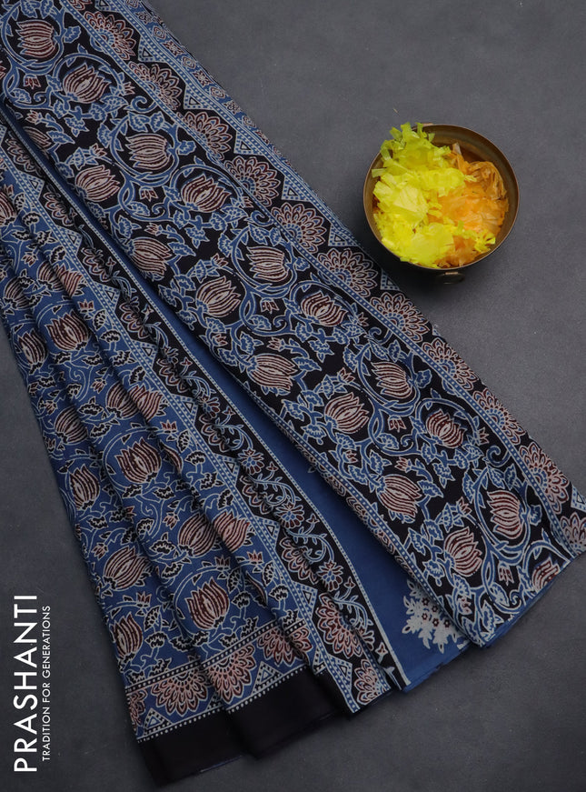 Jaipur cotton saree indigo blue and black with allover kalamkari prints and printed border