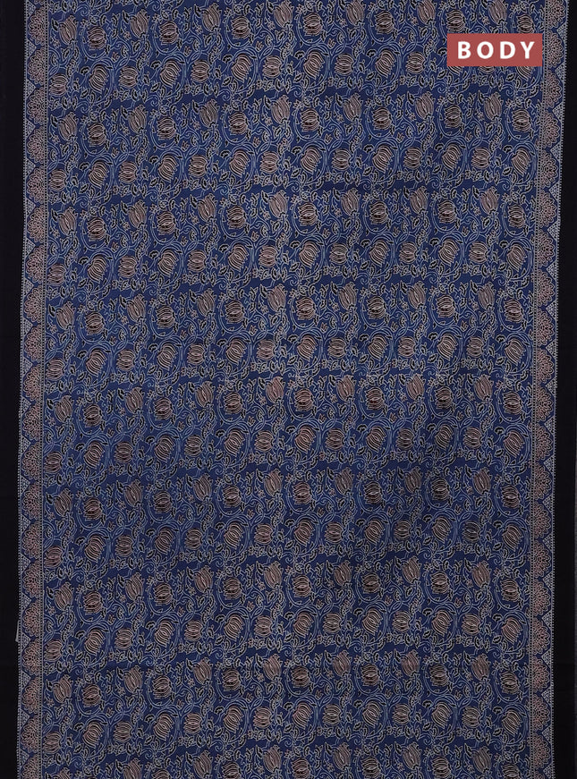 Jaipur cotton saree indigo blue and black with allover kalamkari prints and printed border