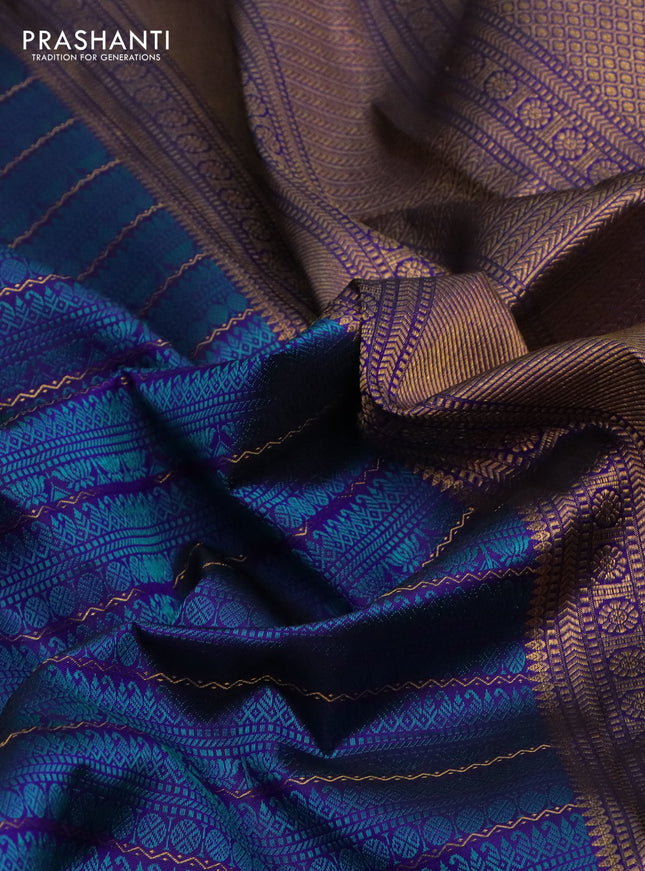 Pure kanchipuram silk saree blue and teal green with allover thread & zari woven brocade weaves and zari woven border