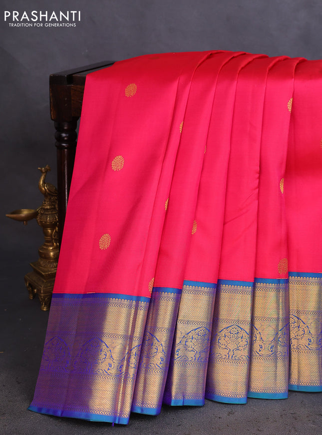 Pure kanchipuram silk saree pink and dual shade of bluish green with zari woven buttas and rich zari woven korvai border
