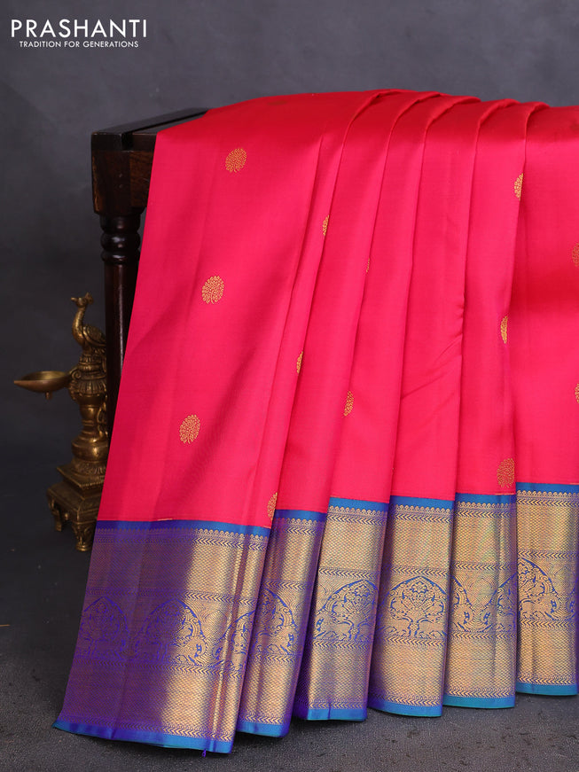 Pure kanchipuram silk saree pink and dual shade of bluish green with zari woven buttas and rich zari woven korvai border
