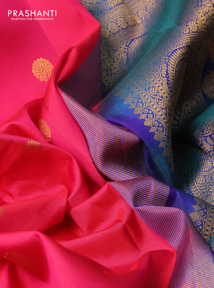 Pure kanchipuram silk saree pink and dual shade of bluish green with zari woven buttas and rich zari woven korvai border