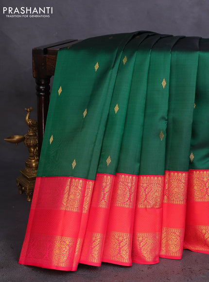 Pure kanchipuram silk saree green and pink with zari woven buttas and long paisley zari woven border