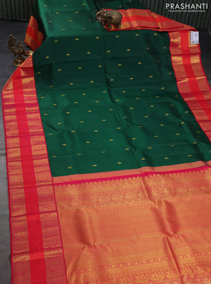 Pure kanchipuram silk saree green and pink with zari woven buttas and long paisley zari woven border