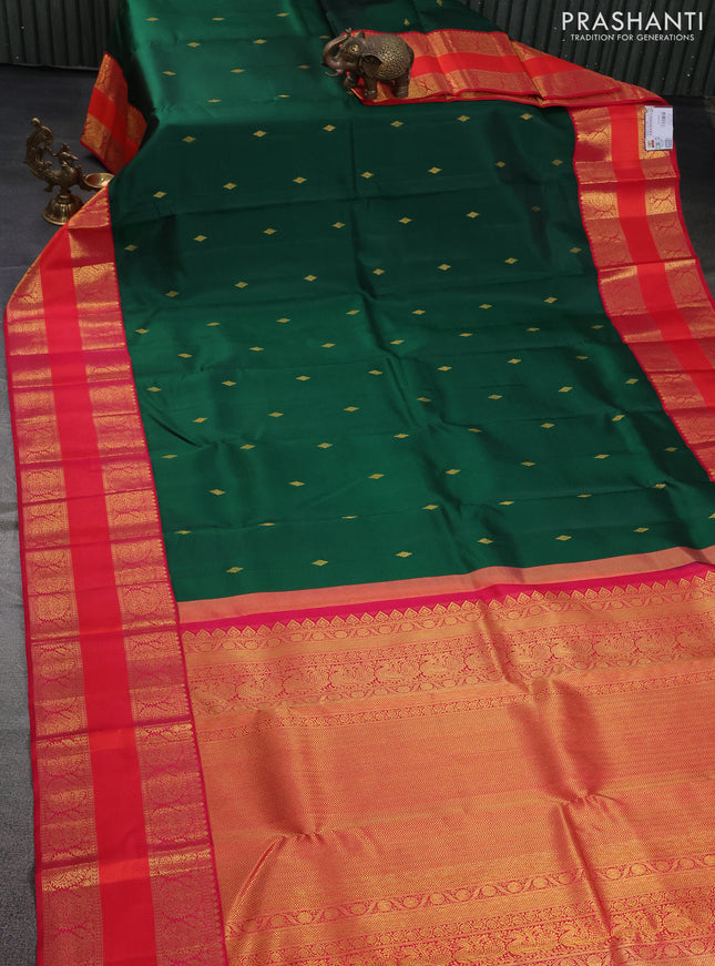 Pure kanchipuram silk saree green and pink with zari woven buttas and long paisley zari woven border