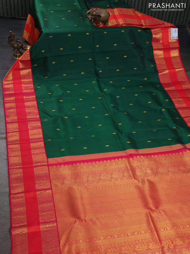 Pure kanchipuram silk saree green and pink with zari woven buttas and long paisley zari woven border