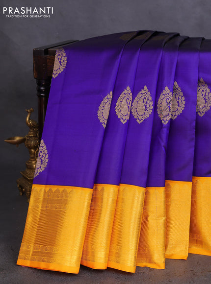 Pure kanchipuram silk saree blue and yellow with zari woven buttas and rich zari woven korvai border