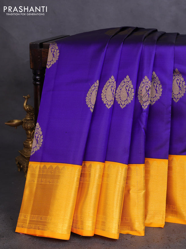 Pure kanchipuram silk saree blue and yellow with zari woven buttas and rich zari woven korvai border