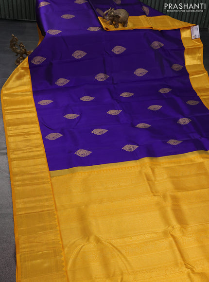 Pure kanchipuram silk saree blue and yellow with zari woven buttas and rich zari woven korvai border