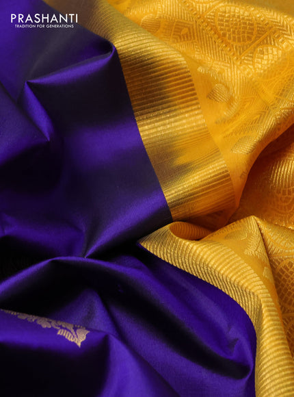 Pure kanchipuram silk saree blue and yellow with zari woven buttas and rich zari woven korvai border