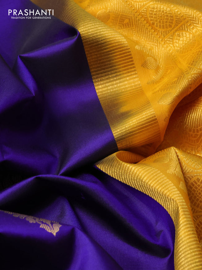 Pure kanchipuram silk saree blue and yellow with zari woven buttas and rich zari woven korvai border